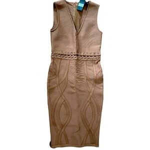 Hot Miami Styles Caramel V Neck Bandage Bodycon Dress